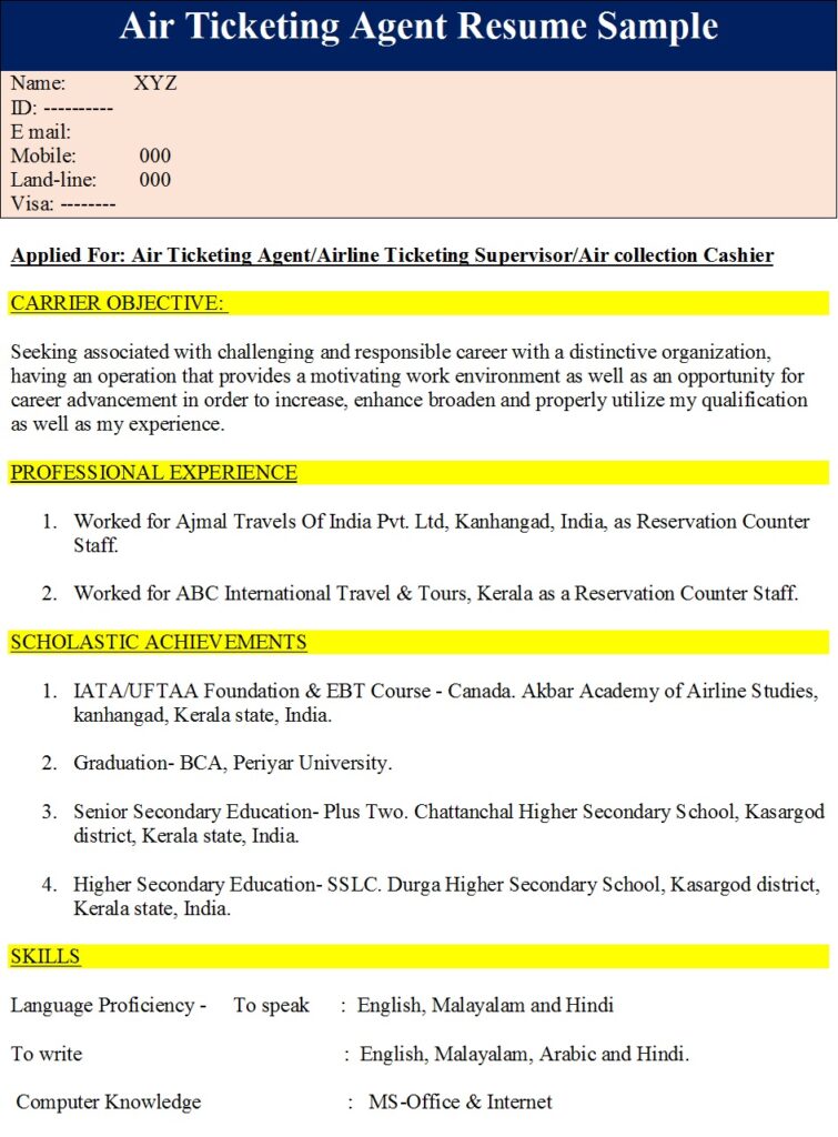 Air Ticketing Agent Resume Sample — Latest Resume Sample