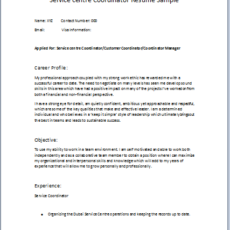 Service centre Coordinator Resume Sample